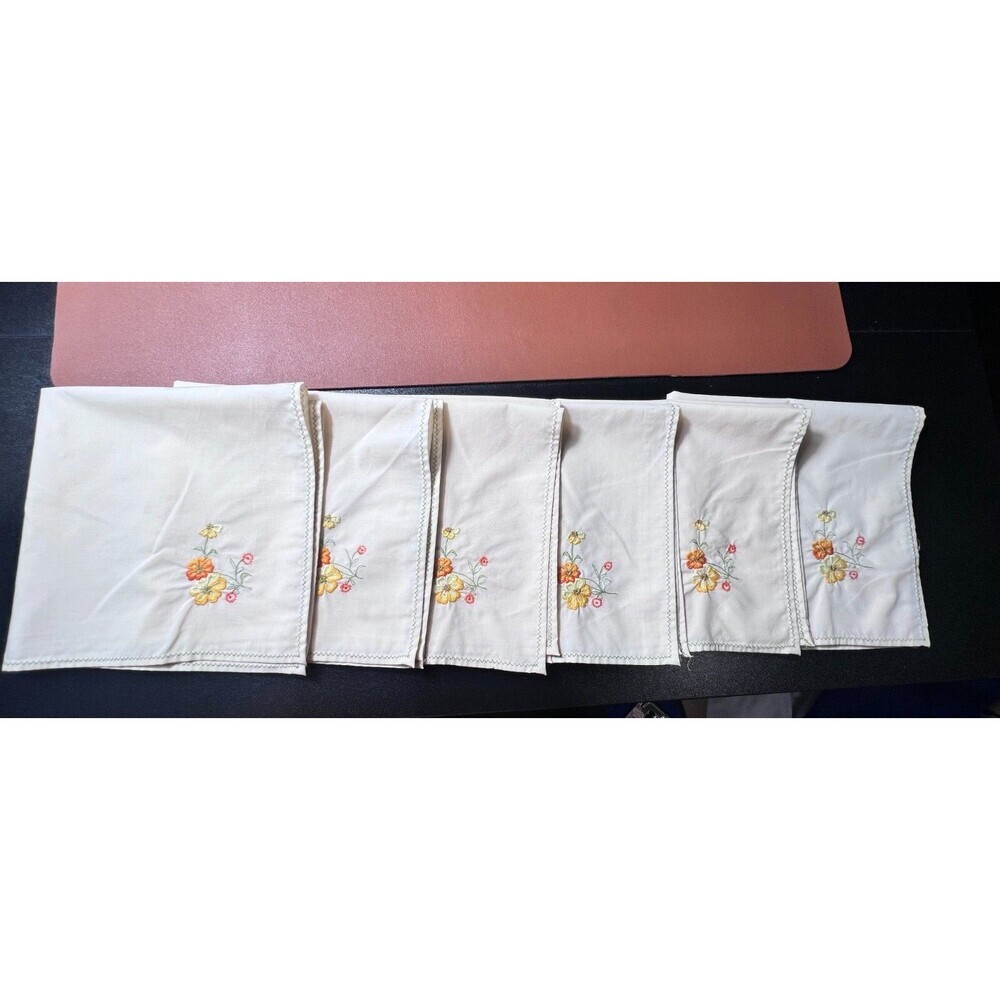 Vintage Hand Embroidered Floral Linen Cloth Napkins Tea Party Set of 6